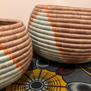 Handwoven African Basket Set in Brown, Orange, and Cream